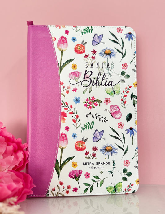 Biblia rosada canto floral personalizada con nombre