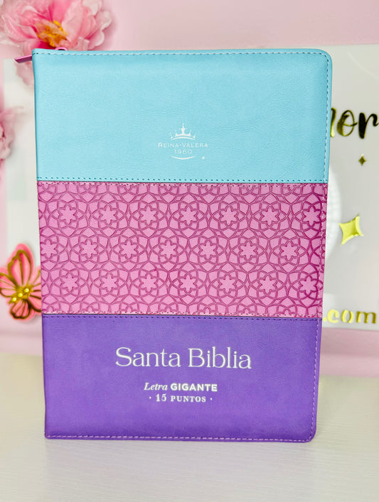 Biblia con Nombre Letra Gigante 15 puntos tri-color celeste/rosa/lila