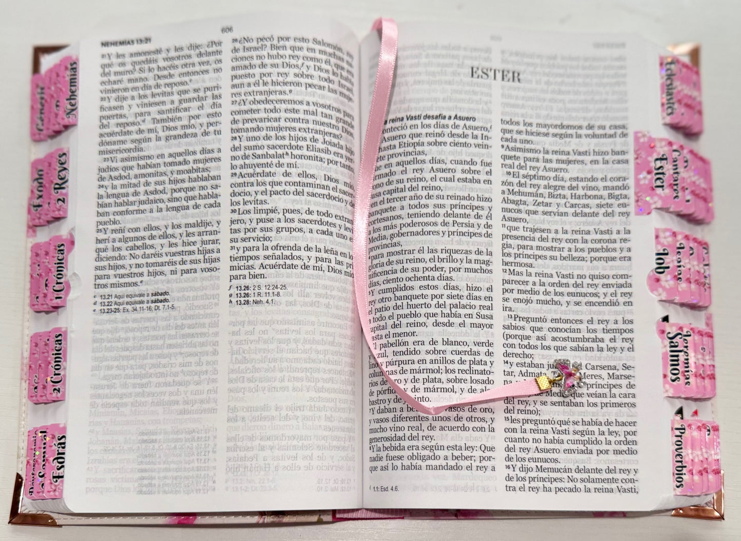 Biblia tamaño manual floral rosa y blanco