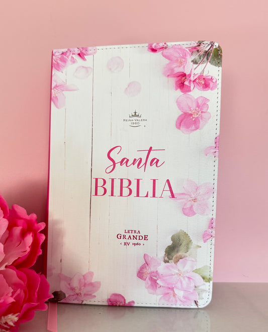 Biblia letra grande con indices color rosa floral