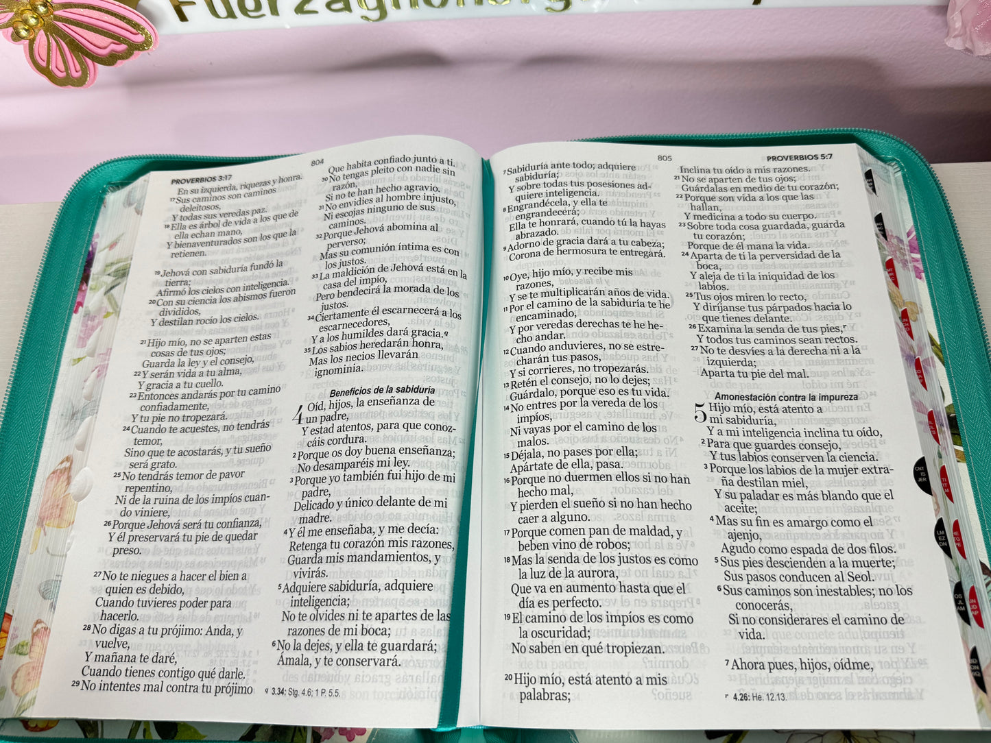 Biblia con nombre Letra Gigante 15 puntos color turquesa con mariposas