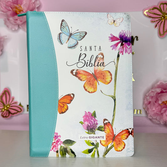 Biblia con nombre Letra Gigante 15 puntos color turquesa con mariposas