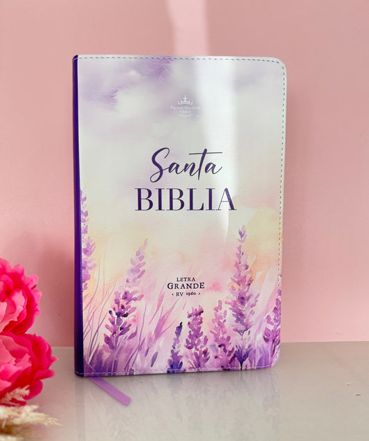 Biblia letra grande con indices color morado floral